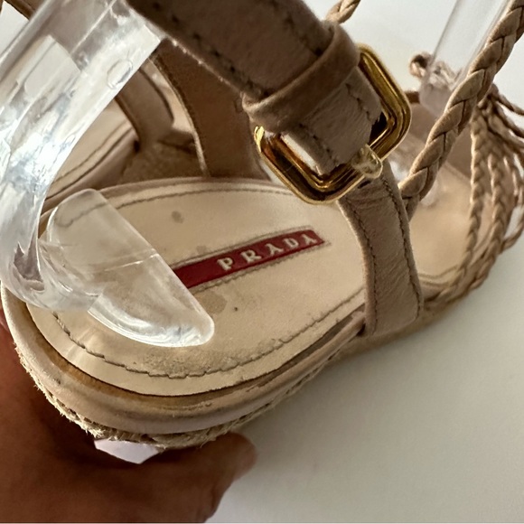 Prada Wedge Platform Sandals Cream Leather Ankle Strap Cork  Size 39.5 - Picture 7 of 9
